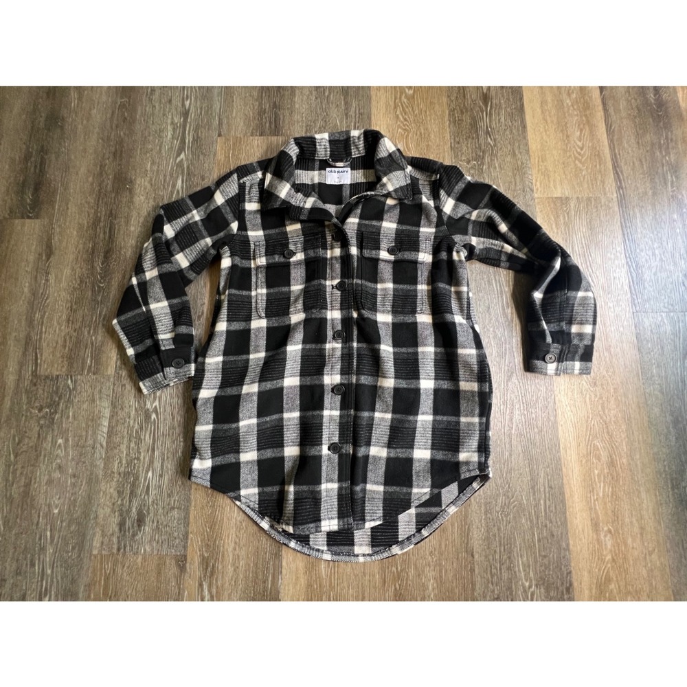 Old Navy Shacket‎ Womens Medium Black White Buffalo Plaid Button Front Fleece